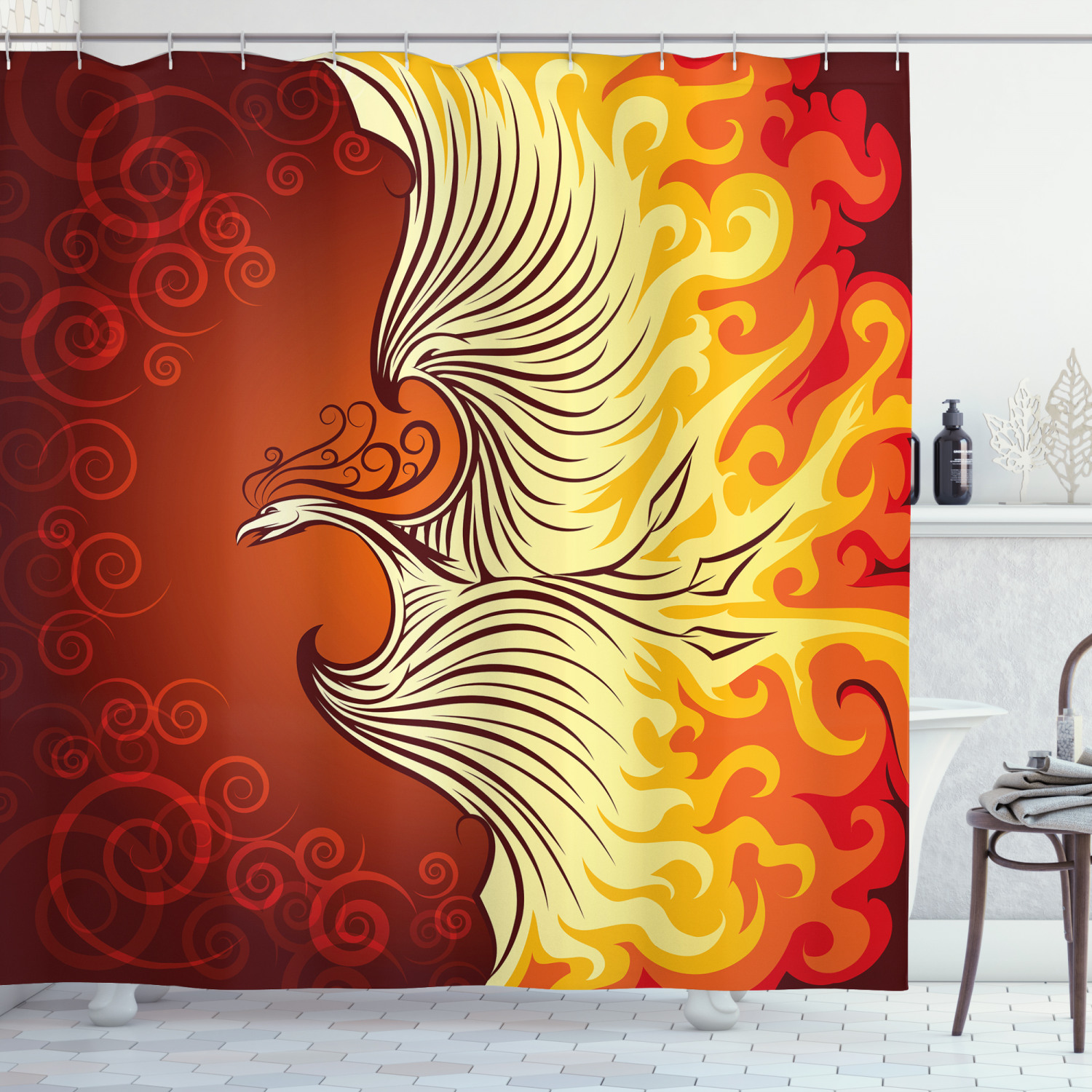 Orange Shower Curtain, Illustration of Flying Phoenix Bird in the