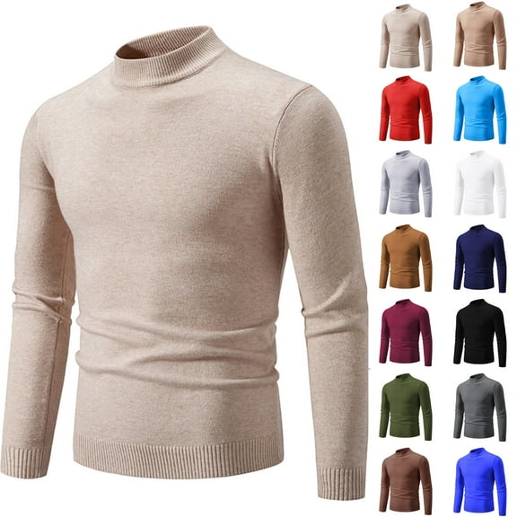 Afuyipoi Men's Mock Turtleneck Sweater,Pullover Vintage Knitwear Solid Color Fleecing Lined Knitwear Beige L