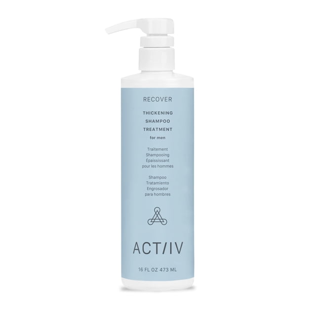 actiiv recover tratamiento de champú limpiador espesante para la caída del cabello para hombres 16 onzas líquidas botella frontal centrada con dispensador, etiqueta azul claro con texto 'RECOVER' y logo ACTIIV, marcado 16 fl oz (473 ml) y uso recomendado 2–3 veces por semana; a menudo usado para refrescar el cuero cabelludo entre cortes.