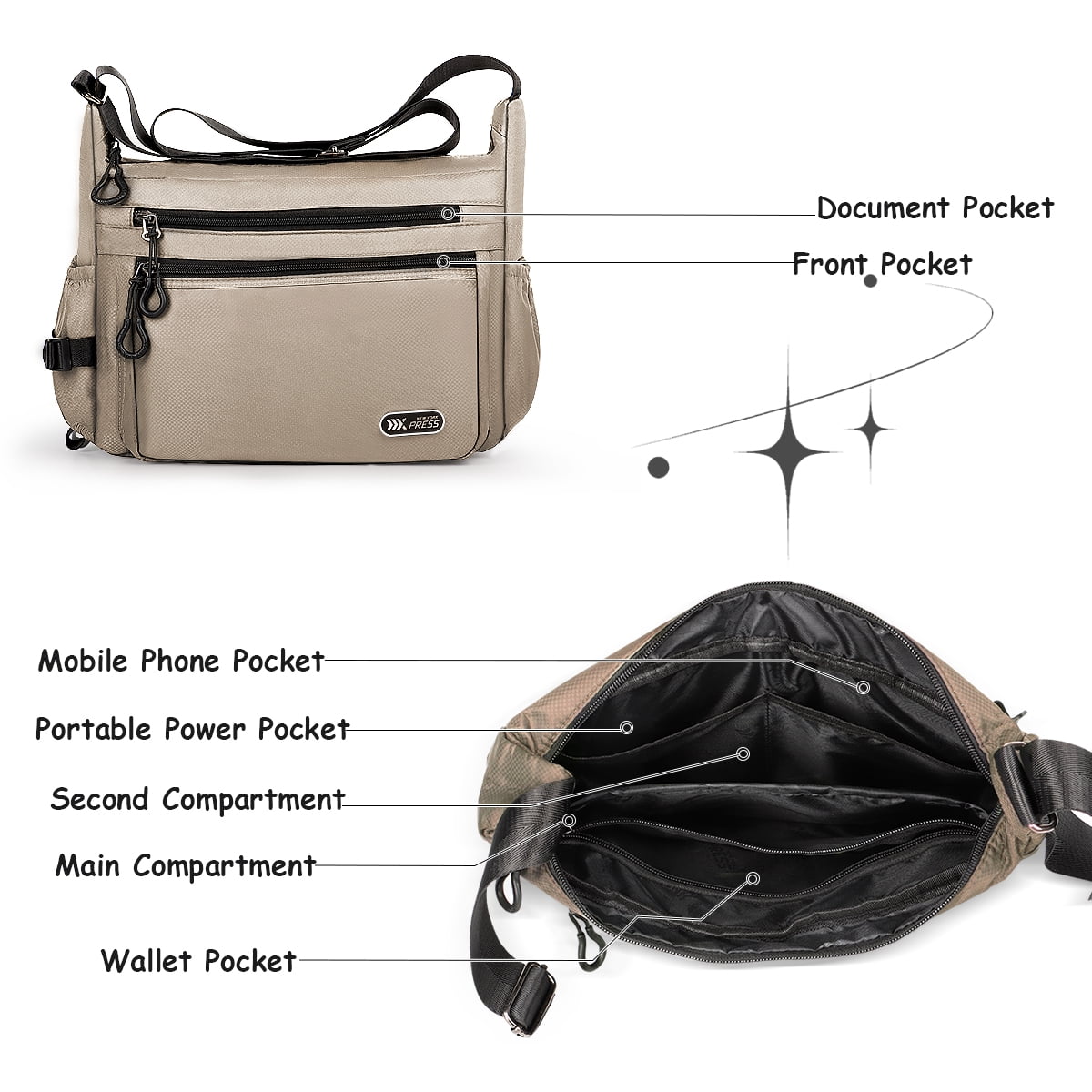 Crossbody Bag for Women Men Multi-Pocket Shoulder Purse Waterproof Lightweight Casual Travel Satchel Handbag,Khaki,319