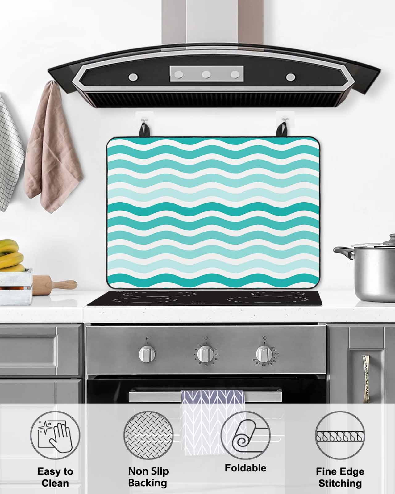 nqOlkjepod Large Induction Cooktop Protector Mat 36"x21", Turquoise Striped Ombre Stove Top Covers for Electric Stove, Geometric Modern Gradient Ocean White Stove Burner Cover Mats Stove Cover