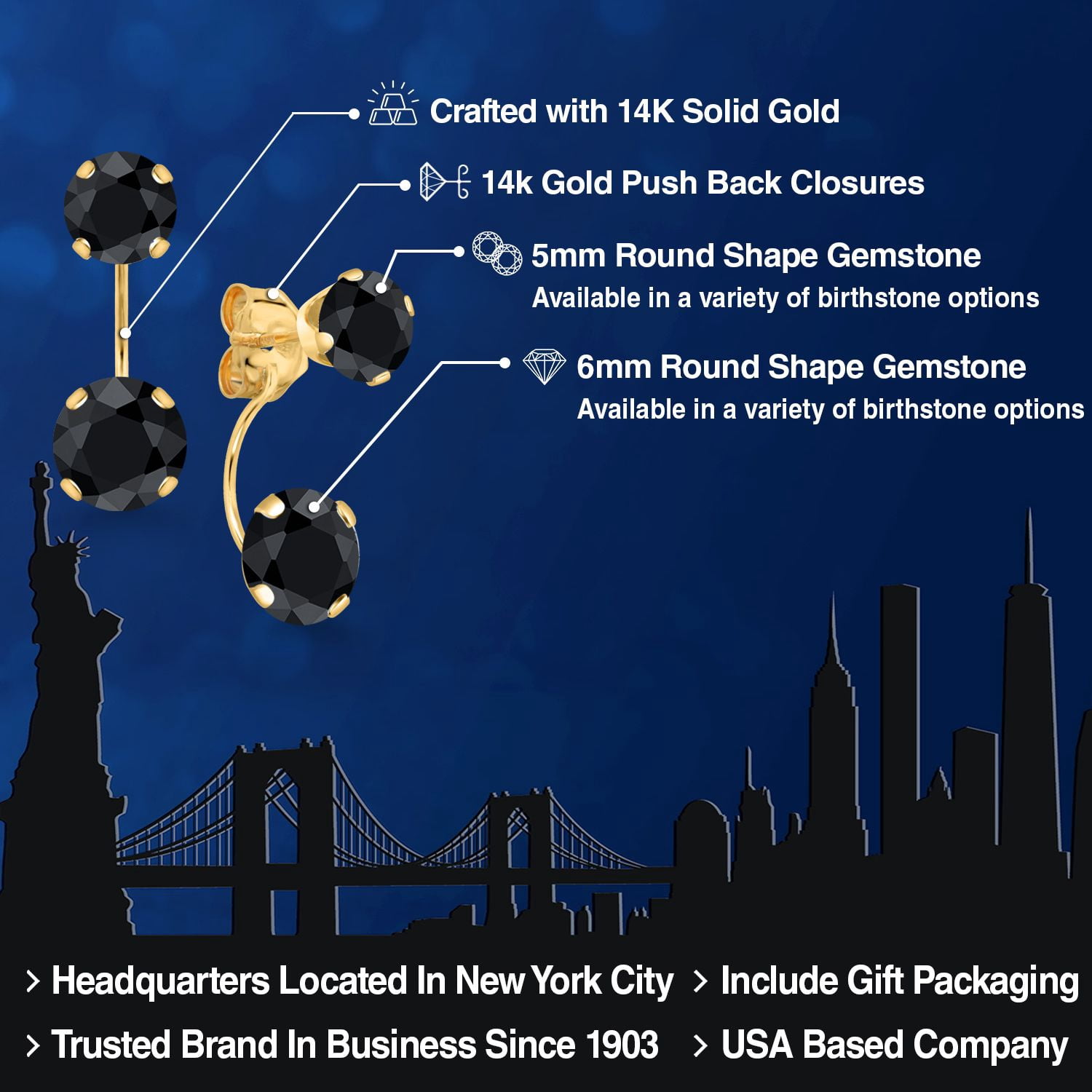 Gem Stone King 14K Yellow Gold Black Sapphire Stud Earrings for Women | 3.68 Cttw | Gemstone September Birthstone | Round 6MM