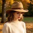 thumbnail image 2 of Western Cowboy Wide Brim Felt Hat, Unisex Vintage Star Band Fedora Hat Four Season Fashion Party Daily Outdoor Cowgirl Cowboy Hat(Brown), 2 of 5
