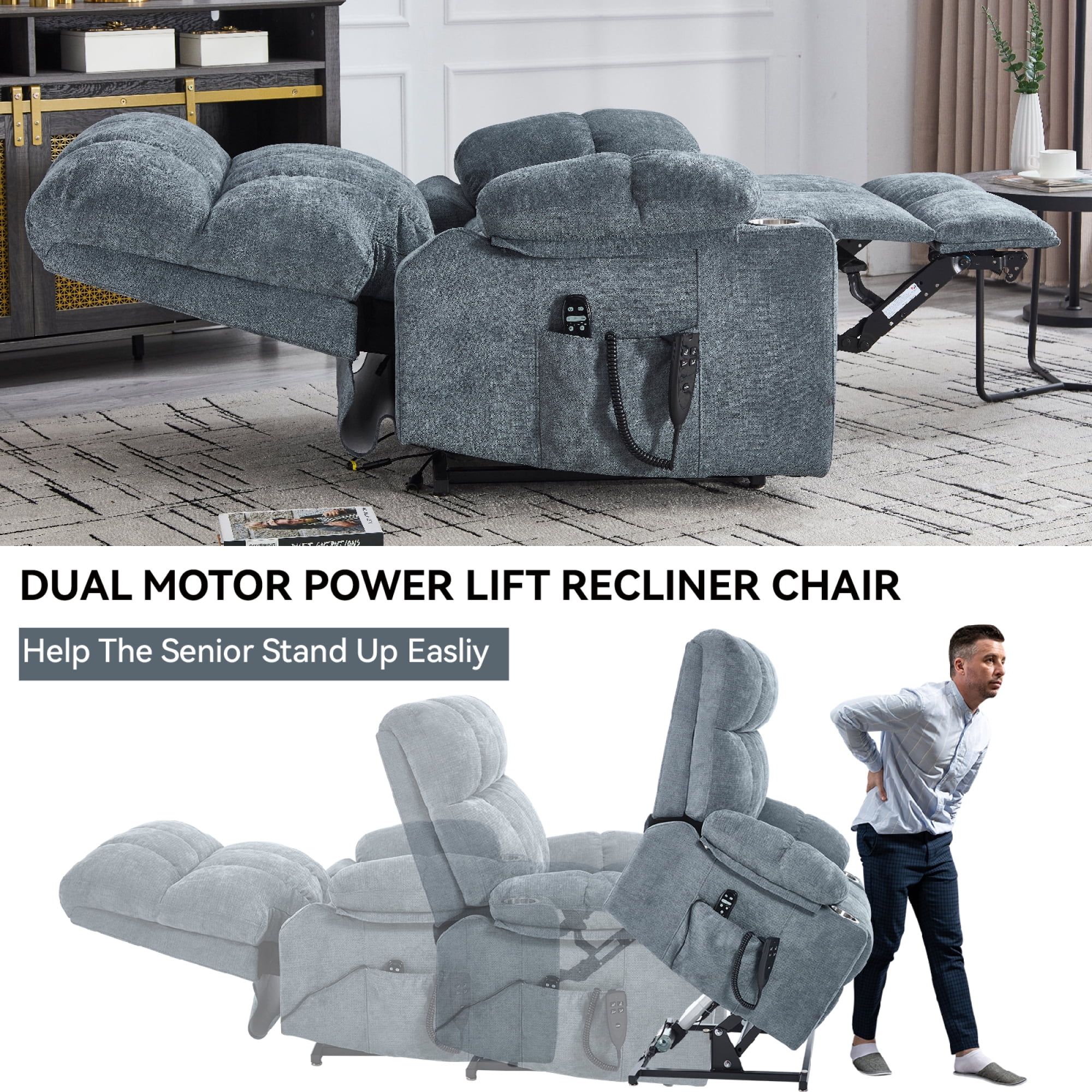 Leumius Power Lift Recliner Chair for Elderly,Heavy Duty Recliner with 8-Point Vibration Massage and Lumbar Heating,Infinite Position,Up to 350 LBS,Gray-Blue