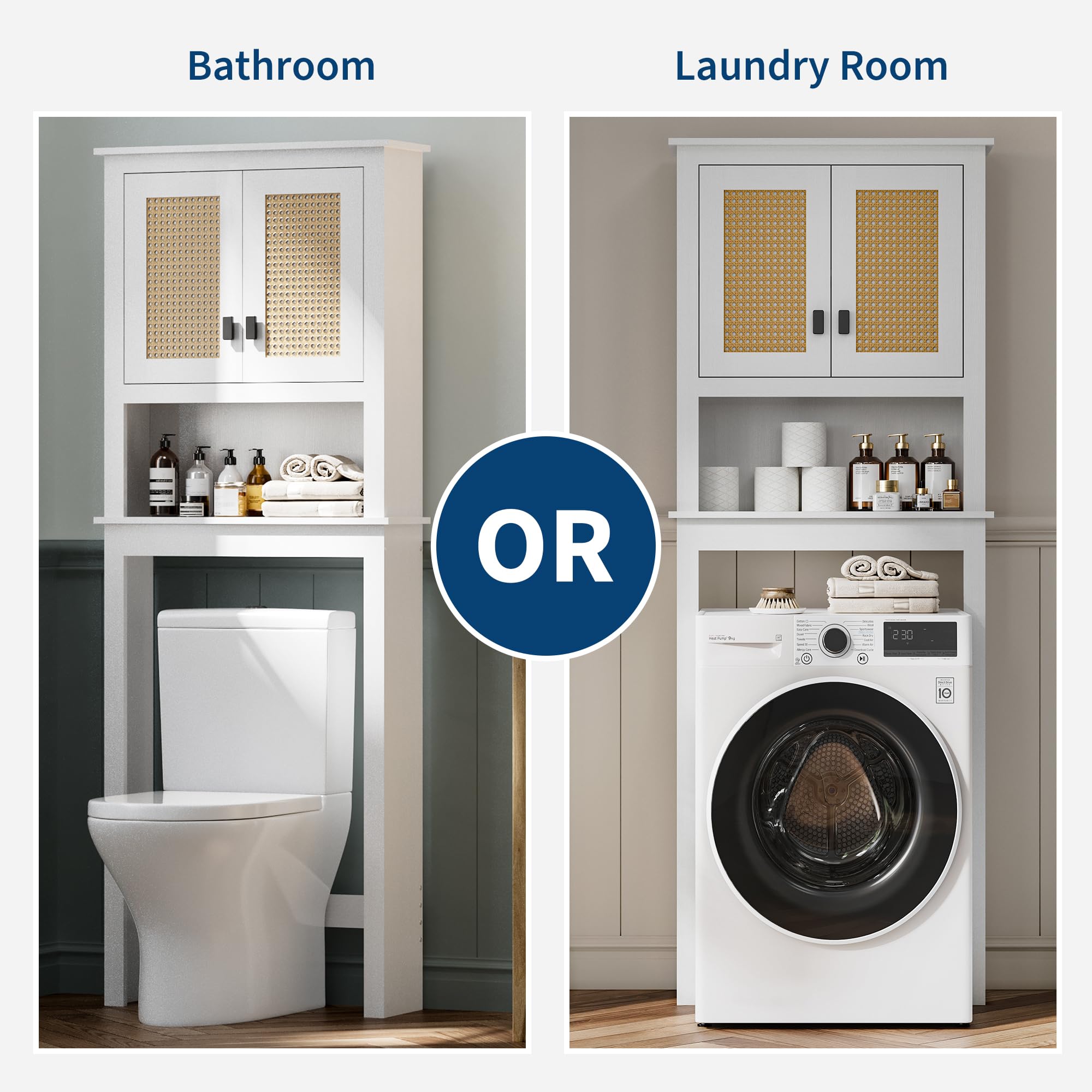 Danolapsi Rattan Toilet Storage Cabinet,Over The Toilet Storage Cabinet,Farmhouse Over Toilet Bathroom Organizer with Rattan Doors,Freestanding Wood Above Toilet Storage Cabinet with Adjustable Shelf