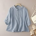 thumbnail image 2 of ZQUUVOU Womens T-Shirts Women's Imitation Linen Embroidered Five Quarter Sleeved Button Turndown Collar Fashionable Top(Blue,L), 2 of 9