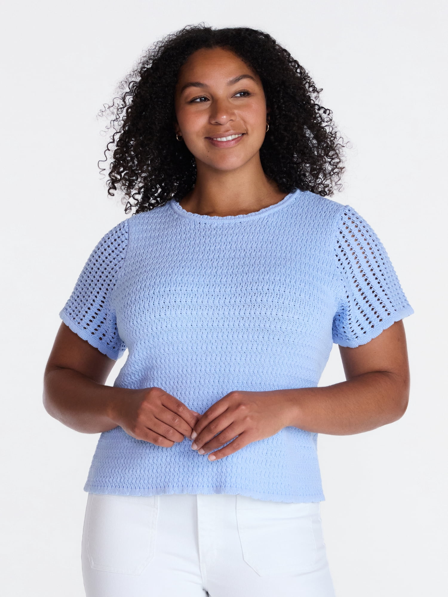 Time and Tru Women's Textured Crewneck Sweater with Short Sleeves, Lightweight, Sizes XS-XXXL