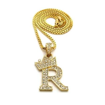 Crowned Skull Pendant - Unisex Stone Stud Tilted Crown Letter Initial Micro Pendant 2mm Box Chain Necklace, 20