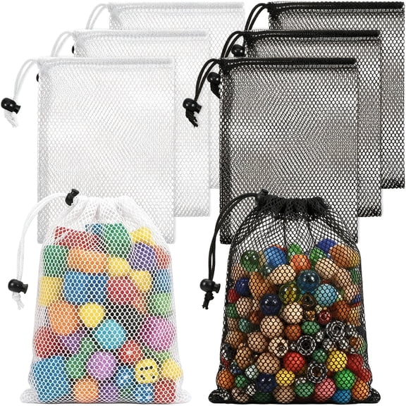 MISSMILE 6 Pcs Small Mesh Drawstring Bag,6 X 8" Polyester Mesh Storage Bags Mini Net Bag Small Travel Stuff Bags for Laundry Travel Beach Toys Fruit (Black and White)