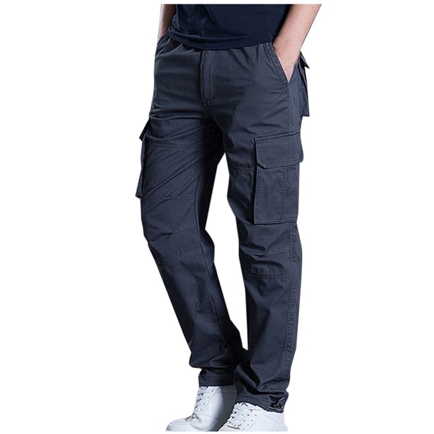 Pantalones largos para hombre, lisos, a la moda, informales, con múltiples bolsillos, cintura elástica, de poliéster