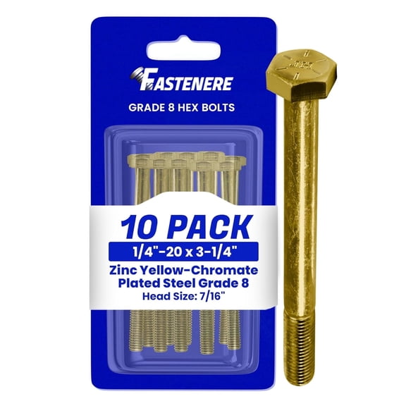 Fastenere Hex Bolts, Grade 8 Zinc Yellow-Chromate Plated Steel, Partial Threaded, Heavy-Duty Fasteners, 1/4"-20 x 3-1/4" (10 Pack)