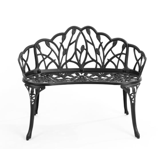 HOMEFUN Outdoor Patio Bench, Tulip Garden Bench All-Weather Cast Aluminum Extra Loveseat for Lawn Front Porch Path Yard Decor Deck Furniture-Black
