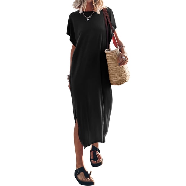 Lucakuins - Vestido de playa informal de verano para mujer, color sólido, manga corta de murciélago, cuello redondo, vestido dividido Lucakuins moda