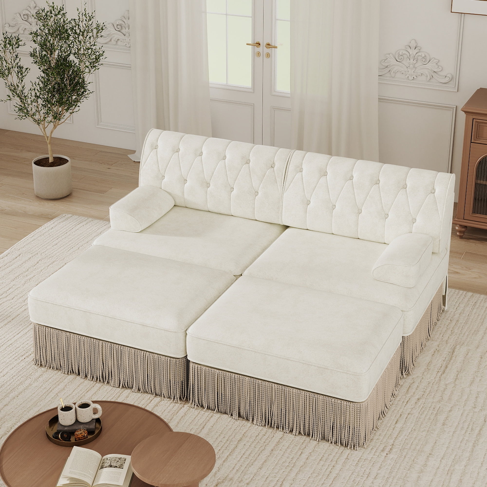 MAYEERTY Chesterfield Modular Sectional Sofa, Button Tufted Fleece Couch with Tassel Fringe Skirt & 2 Ottomans, Wooden Base for Living Room