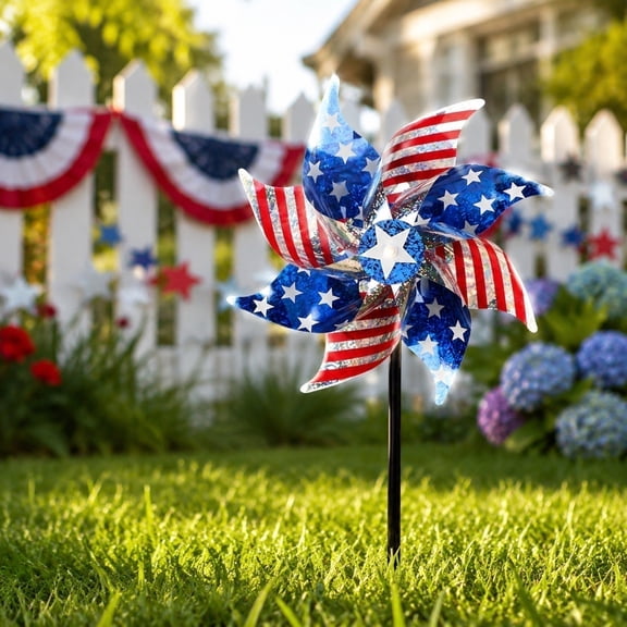 Cififendec 4th of July Pinwheel Yard Stake, 18.5"Γ7.5", Star Stripe Shiny Glitter Wind Spinner for Front Lawn Garden Bed & Pathway Independence Day Outdoor Yard Decor