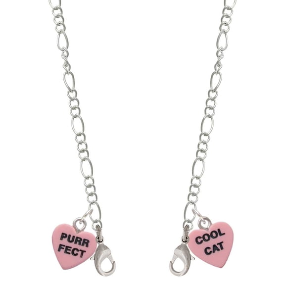 Acrylic Pink "Cool Cat / Purr Fect" Heart Silvertone Face Mask Necklace