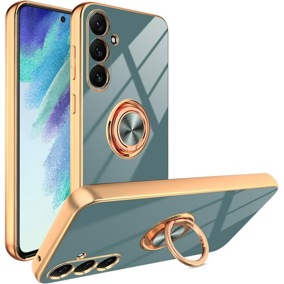 for Gray Samsung Galaxy S23 FE Case with Ring Holder Kickstand [with Magnetic] Soft TPU Bumper, Glitter Gold Electroplated Cover Full Camera Protective Phone Case for Galaxy S23 FE 2023