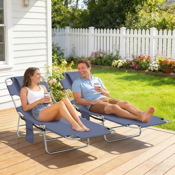 Outsunny Folding Beach Lounge Chair Set of 2 with Face Hole and Arm Slots, 5-level Adjustable Sun Lounger Tanning Chair with Pillow, Gray