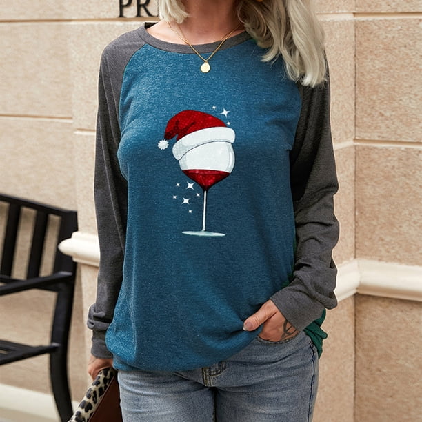 ICHUANYI Liquidación Camiseta de manga larga con costuras de color en contraste de Navidad para mujer ICHUANYI WER202308246599