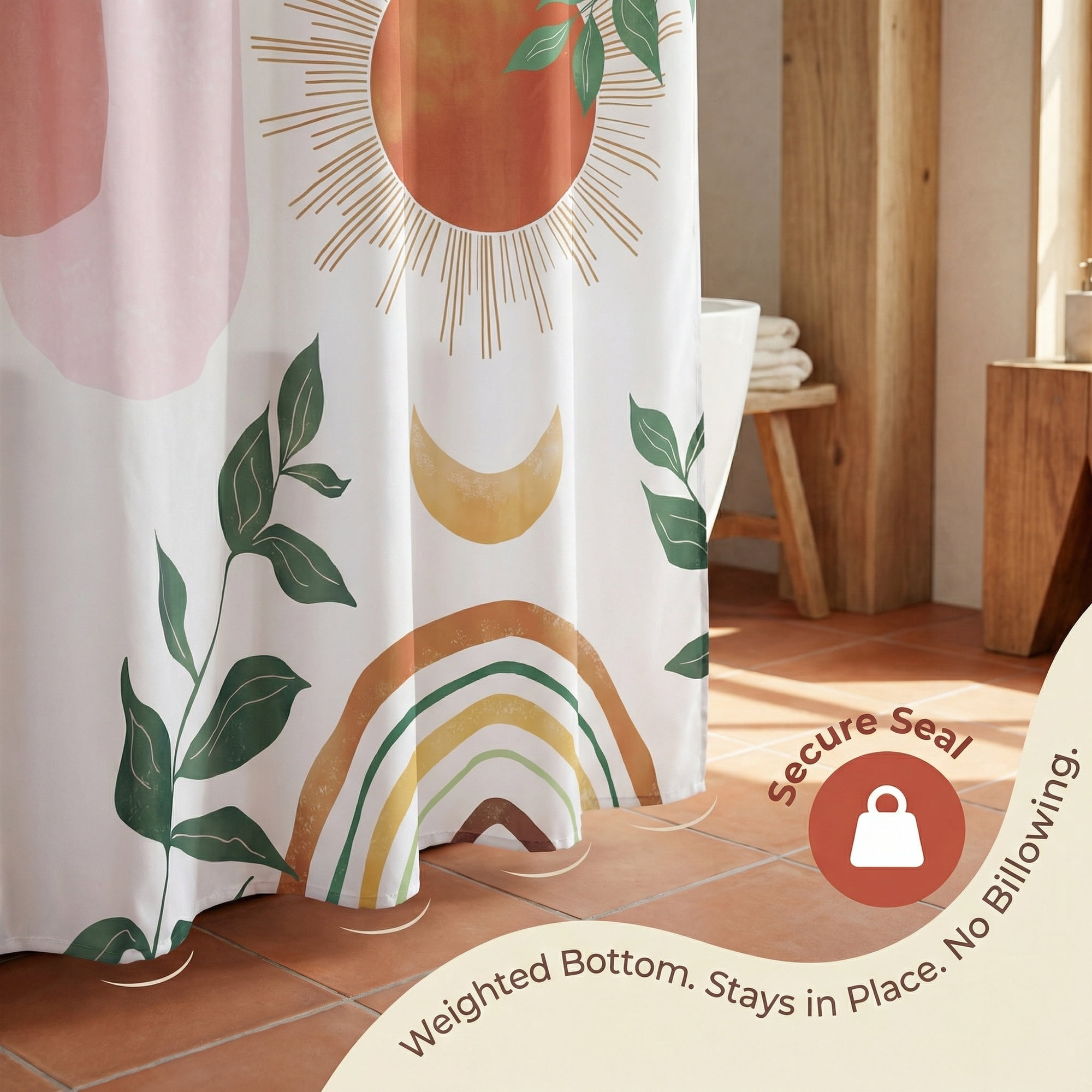 Unique Bargains Leaf Print Shower Curtain Bohemian Waterproof Set Pink Orange 71"W x 71"L