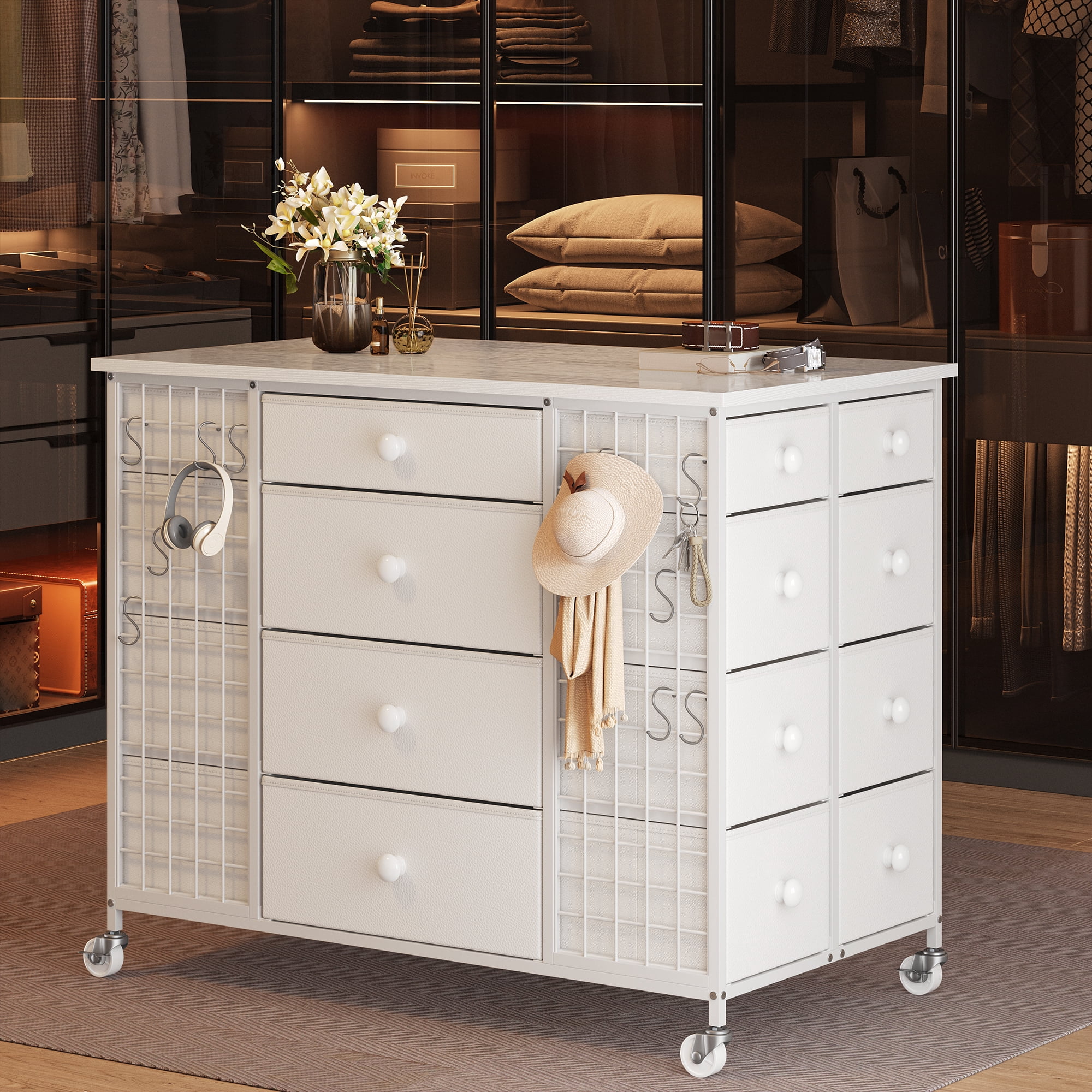 EnHomee 24 Drawers White Dressers for Bedroom Closet Dresser Fabric Drawers with Wheels