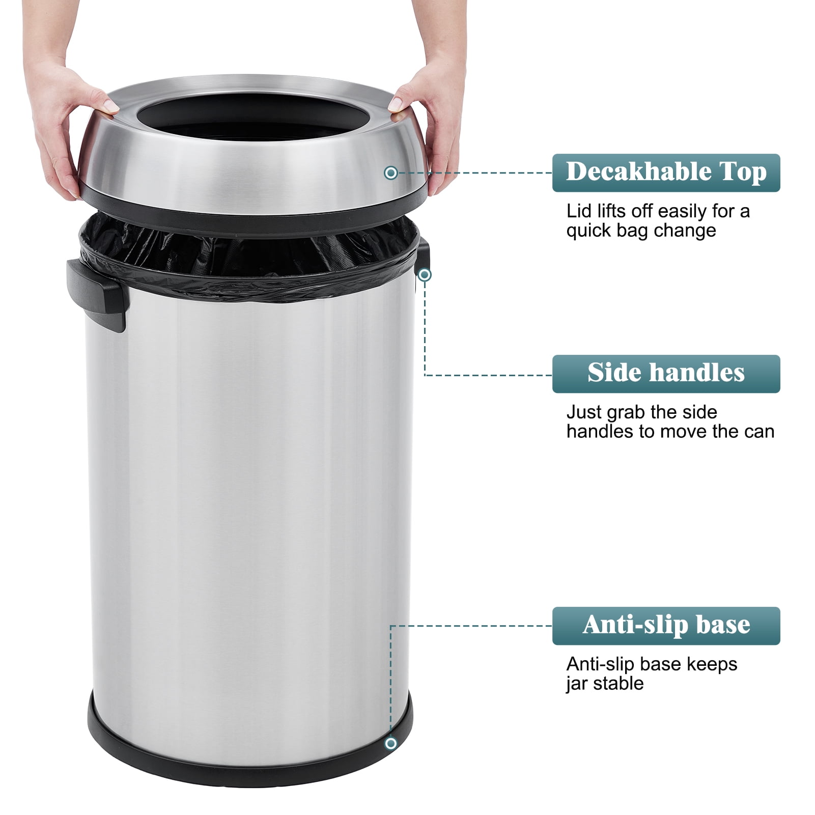 17 Gallon Large Capacity Kitchen Trash Can, Commercial Open Trash Can, Heavy Duty Brushed Stainless Steel Garbage Can, 65 Liter, Suitable for Kitchen Outdoor Office