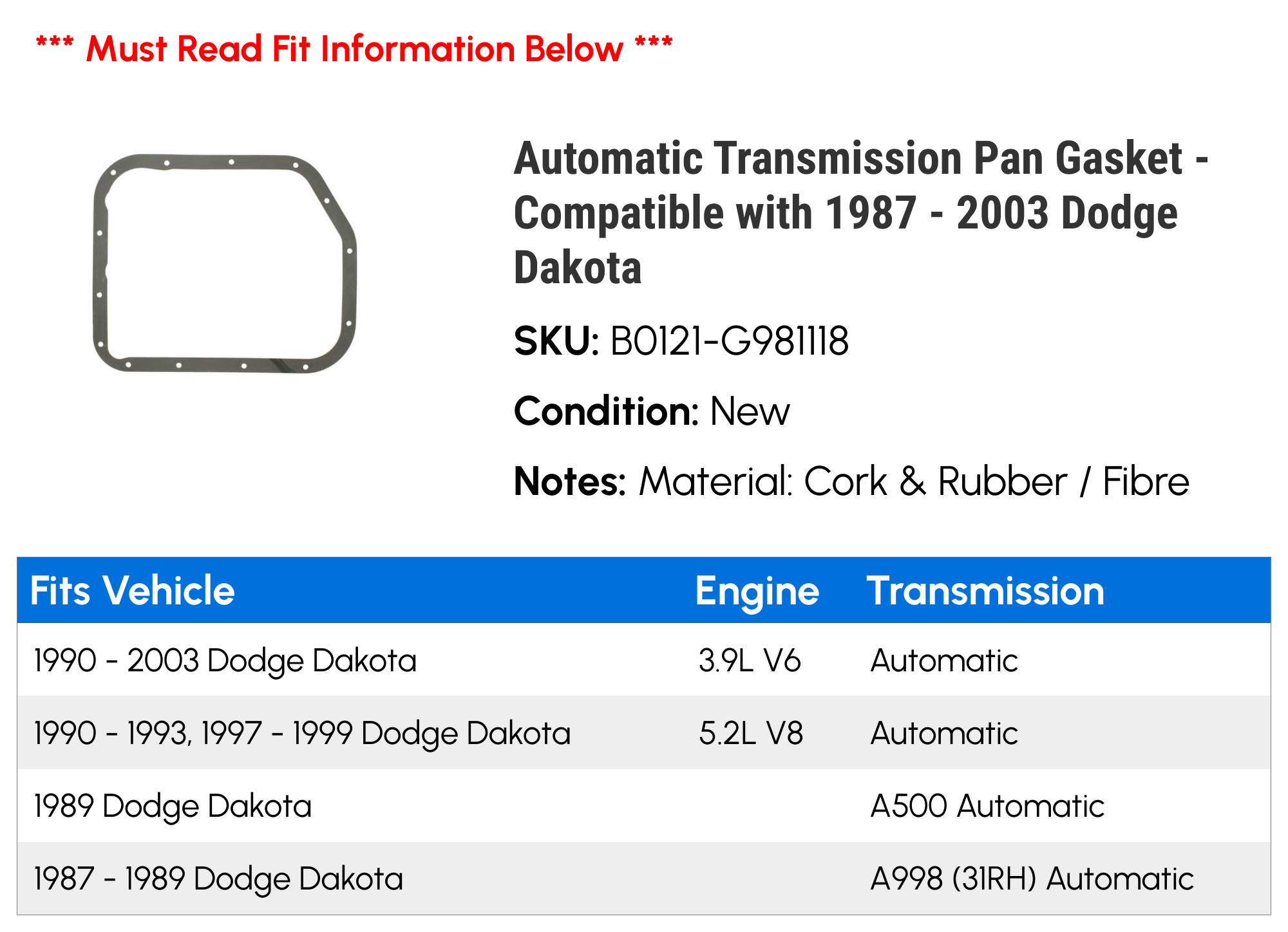 Automatic Transmission Pan Gasket - Compatible with 1987 - 2003 Dodge  Dakota 1988 1989 1990 1991 1992 1993 1994 1995 1996 1997 1998 1999 2000  2001 2002 - Walmart.com, image size:2000x1448
