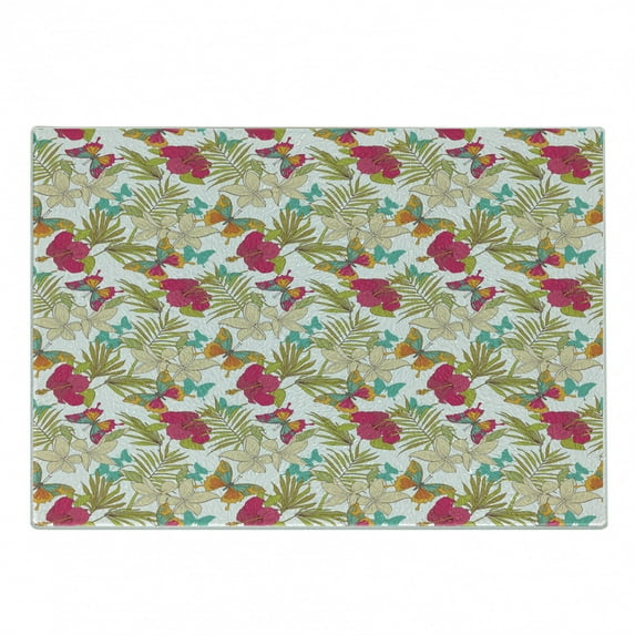 Hawaiian Cutting Board, Tropical Frangipani and Hibiscus Blossoms Exotic Butterflies with Palm Leaves, Decorative Tempered Glass Cutting and Serving Board, Small Size, Multicolor, by Ambesonne