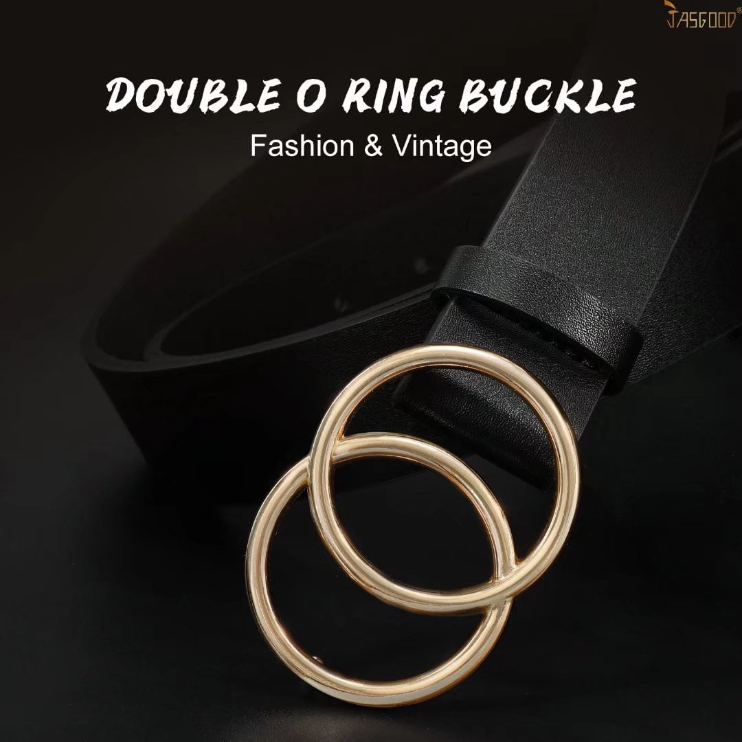 JASGOOD Women's Leather Belt, Black, Double O-Ring Buckle, for