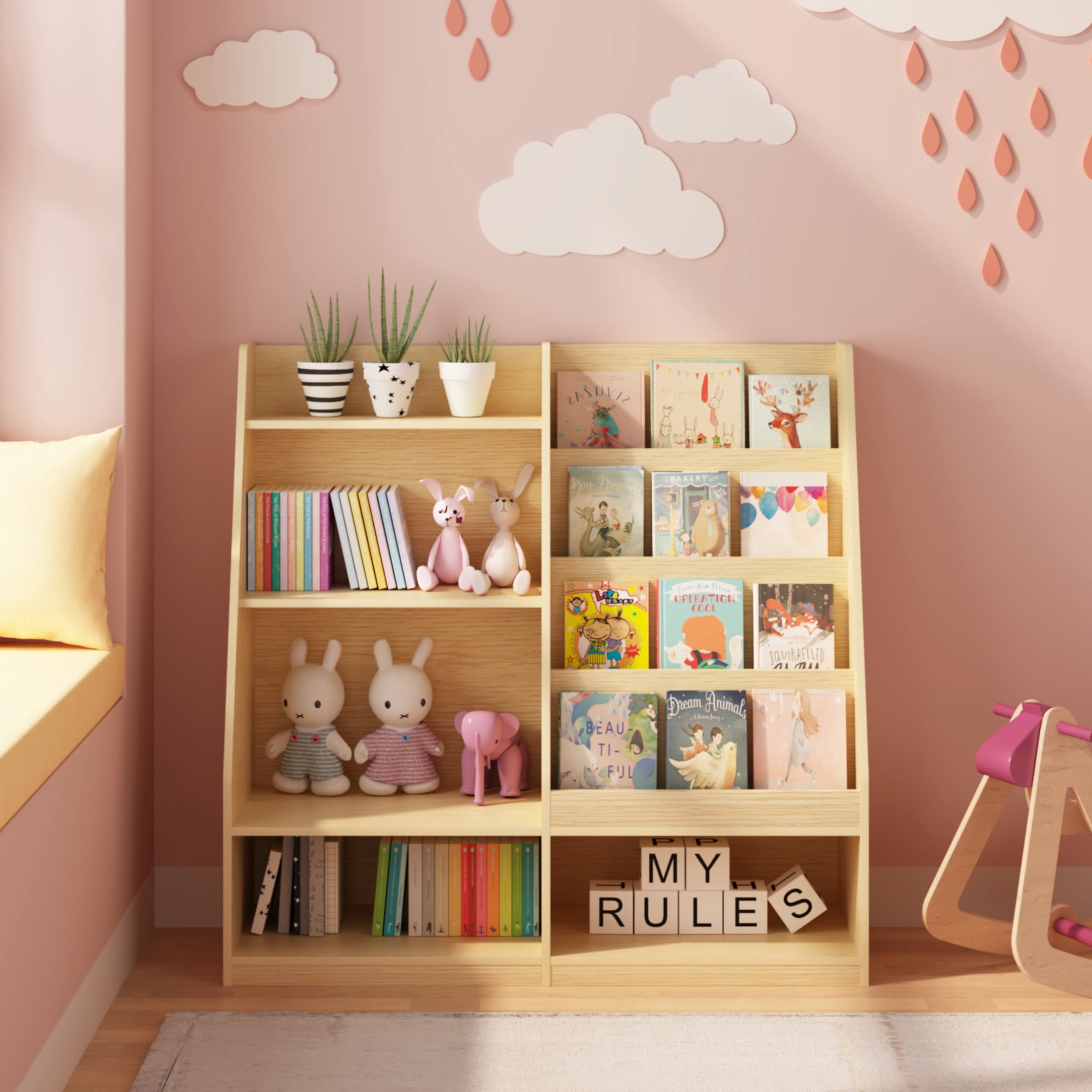 Noble House Kids Bookshelf, Toy Storage Organizer, 4-Tier Wooden Bookcase Display Stand, Kids Room, Playroom, Natural