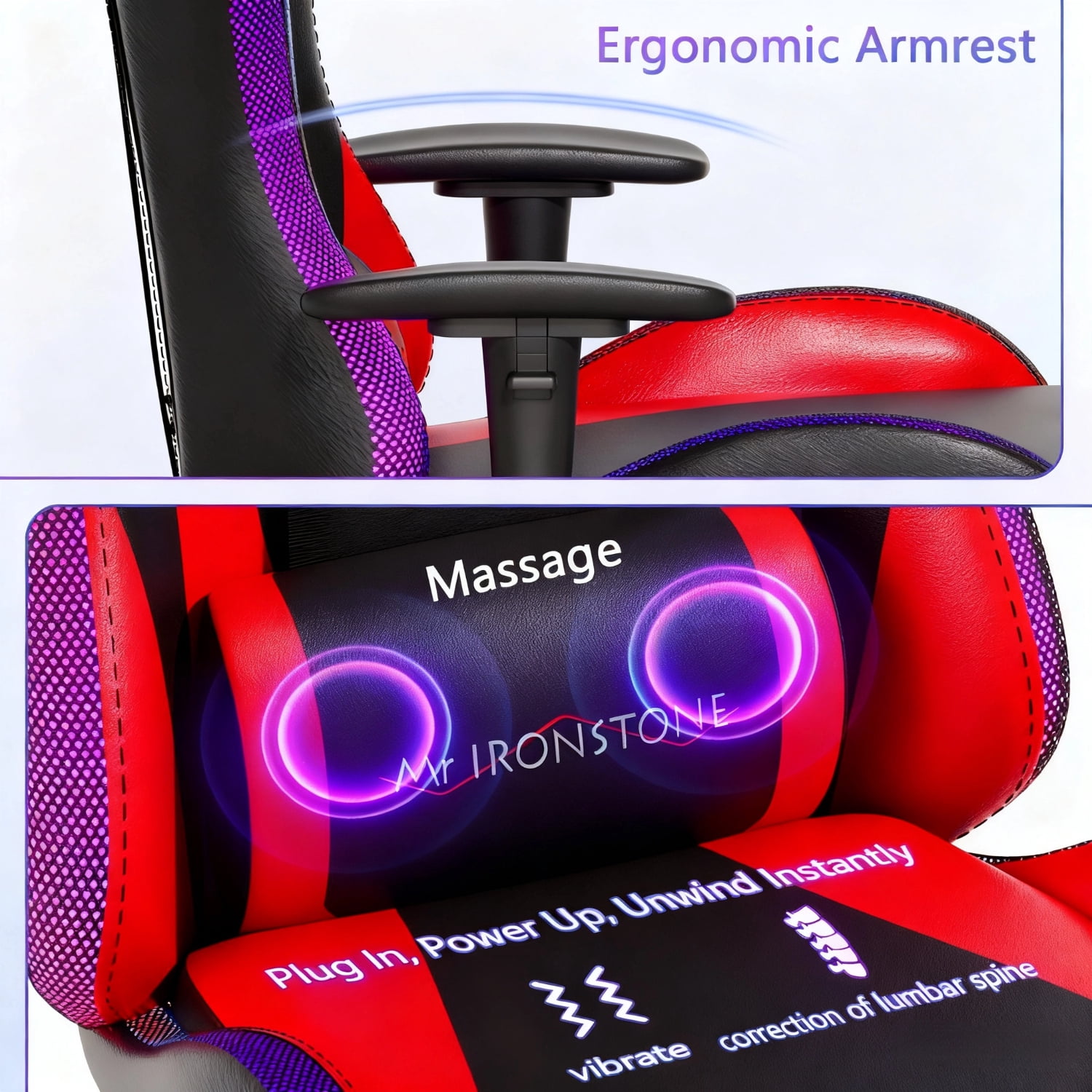 Mr IRONSTONE Gaming Chair for Adults, 7 Point Massage Computer Chair with Bluetooth Speakers RGB, Heavy Duty 400lbs Ergonomic PC Chair with 3D Armrests Footrest, Red/Black