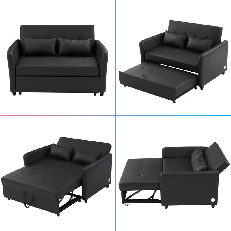 PU Leather Convertible Sleeper Sofa Bed, Adjustable Oversized Chaise Lounge Loveseat Couch with 3 USB Charging Ports