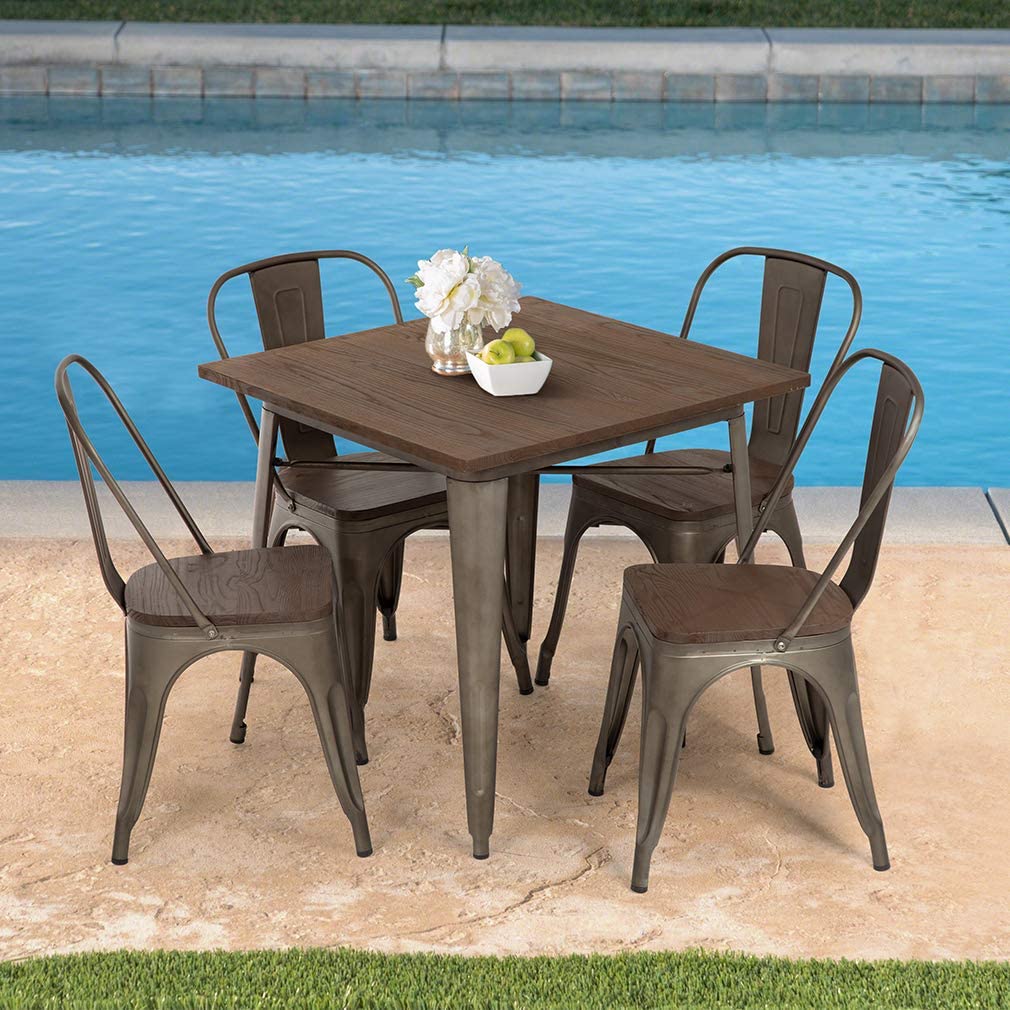 Metal Kitchen Table Set Dining Table Chairs Home Restaurant Wood Top Table Metal Dining Chairs Bar Coffee Table Set Indoor Outdoor Metal Base Table Patio Dining Table 4 Chairs Patio Furniture - image 3 of 7