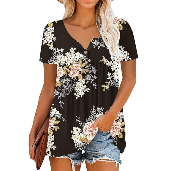 Wenini Womens Tops Dressy Casual Short Sleeve Crewneck Floral Print Summer Shirts Flowy Pleated Swing Henley Shirts Button Down Tunic Blouses White XL