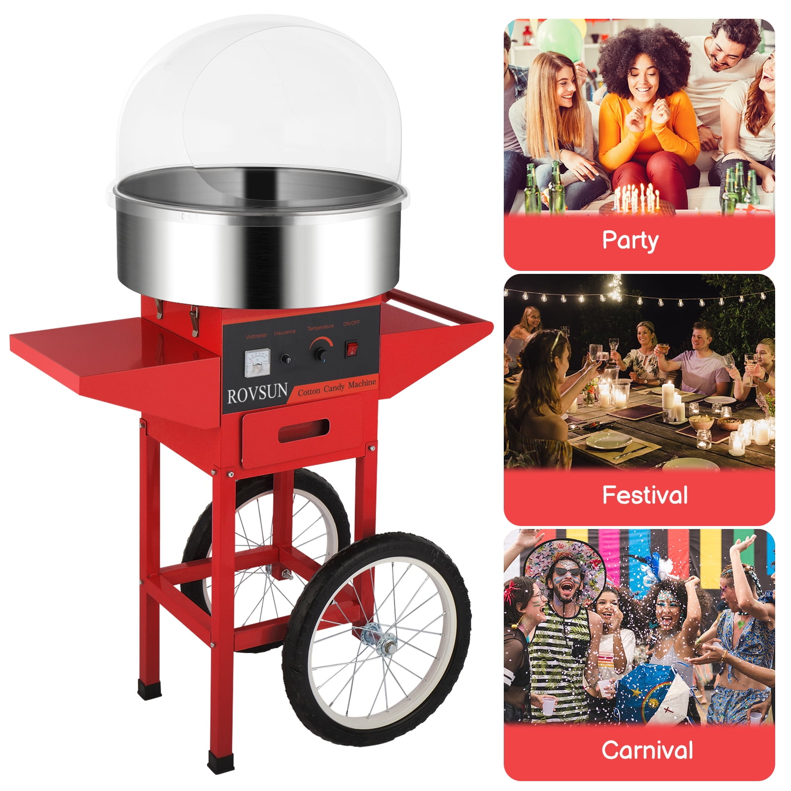 ROVSUN Cotton Candy Machine with Cart Stainless Steel, 21 Inch Electric Cotton Candy Maker Candy Floss Maker w/Cover Sugar Scoop and Large Storage Drawer for Commercial Home Party Carnival, Red