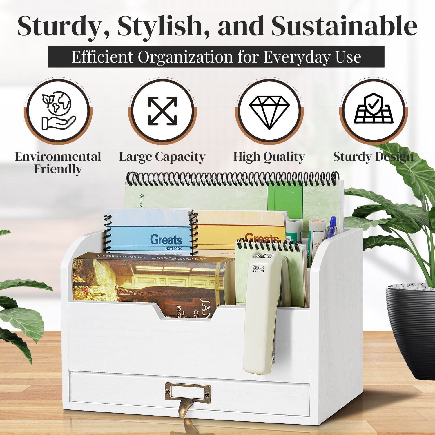 Wood Desk Organizer - Wooden Mail Organizer with Drawer for Mail, Bills, Accessories & Pen - 3 Tier Wood Bill Organizer for Desk, Tabletop, Countertop, and Office Workspace (Beige Wood)