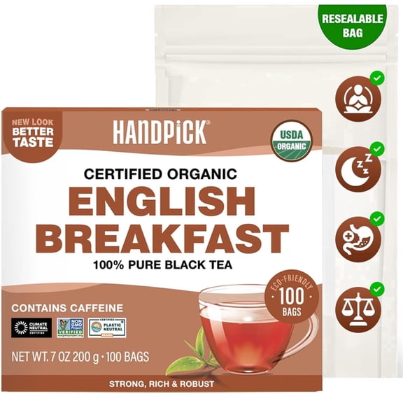HANDPICK Organic English Breakfast Black Tea Bags (100 Count) USDA Organic, Non-GMO | Strong, Robust, High-Caffeine Black Tea | Eco-conscious Tea Bags, Brew English Breakfast Tea & Kombucha Tea