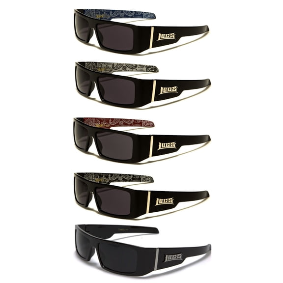 Locs Hardcore 5 PACK 1 Solid Black Pair & 1 Red 1 Silver 1 Blue & 1 White Bandana w/ Black Frame Rectangle Sunglasses FREE SHIPPING