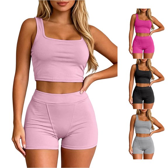 Rggeeun Two Piece Sets for Women Summer Casual Crop Top Sweat Shorts Stretch Summer Outfits Outdoor Workout Trendy,Pink,Xl