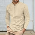thumbnail image 3 of LZHGirlshop Men Cotton and Linen Henley Shirt Casual Stand Collar Long Sleeve Shirt Retro Solid Color Fit T-Shirt,Khaki,M, 3 of 6
