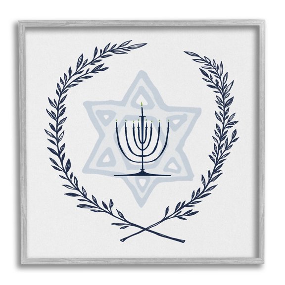 Stupell Industries Hanukkah Menorah Botanical Laurel Graphic Art Gray Framed Art Print Wall Art, Design by Susan Jill