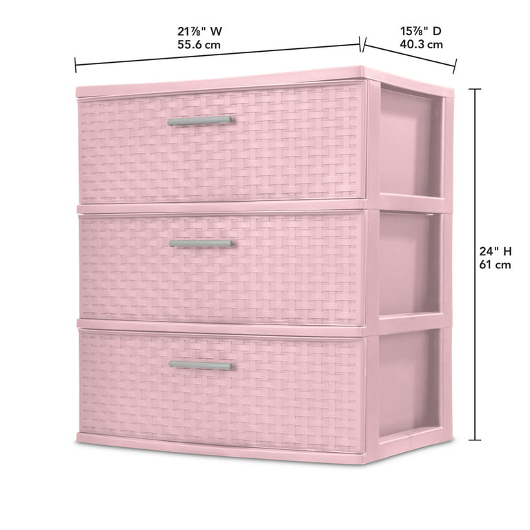 Sterilite Plastic 3 Drawer Wide Weave Tower Blush Pink 