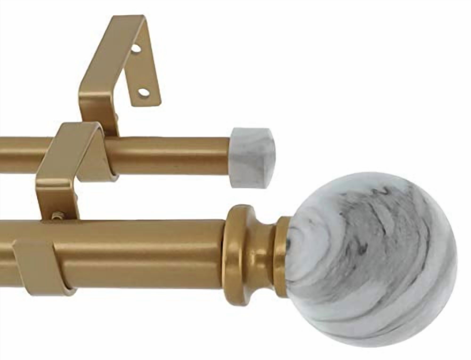 MERIVILLE 1" Double Curtain Rod Set, Adjustable 28–48 Inches, White Marble Ball Finials, Royal Gold