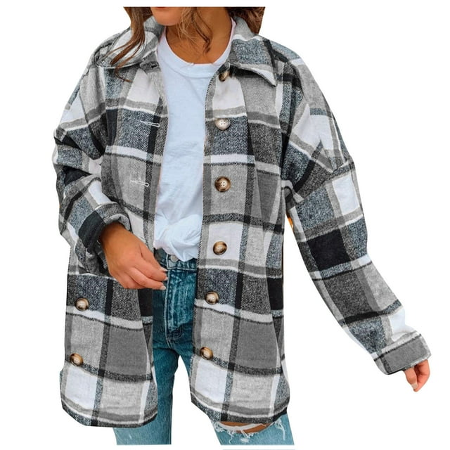 ZVAVZ Long Cardigans Jackets for Women Plus Size Flannel Drape V Button Down Plaid Open Front Cardigan Fall Winter Coats for Women Gray,S