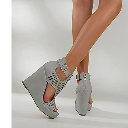 

absuyy Platform Sandals for Women Hollow Fish Mouth Casual Wedges Summer Slide Sandals #290 Gray