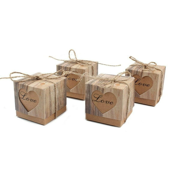 KUPOO 50PCS Candy Favor Boxes Vintage Kraft with Burlap Twine,Love Heart Imitation Bark Gift Bag for Wedding Party Birthday Baby Shower Decoration (Heart Boxes)