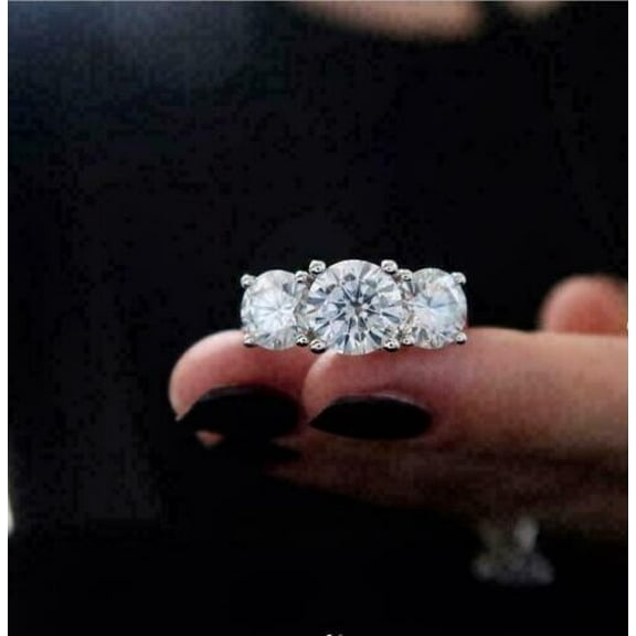 3CT Round Cut Real Moissanite Engagement 3-Stone Ring 14K White Gold Plated