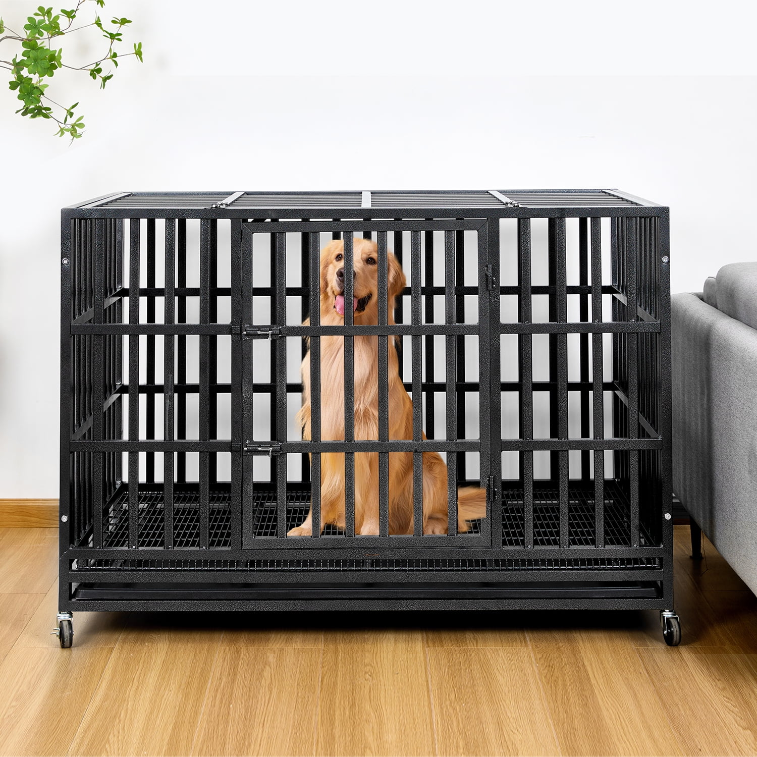 TIME RAY 48 Inch Heavy Duty Dog Crate for XL Large Dog,Indestructible High Anxiety Dog Cage for Indoor and Outdoor with Wheels and Removable Tray