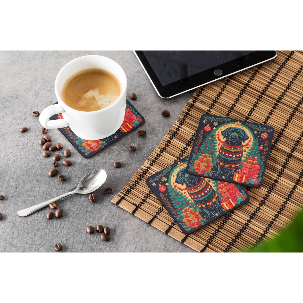 Black Labrador Retriever Christmas Foam Coaster Set of 4 3.5 in x 3.5 in