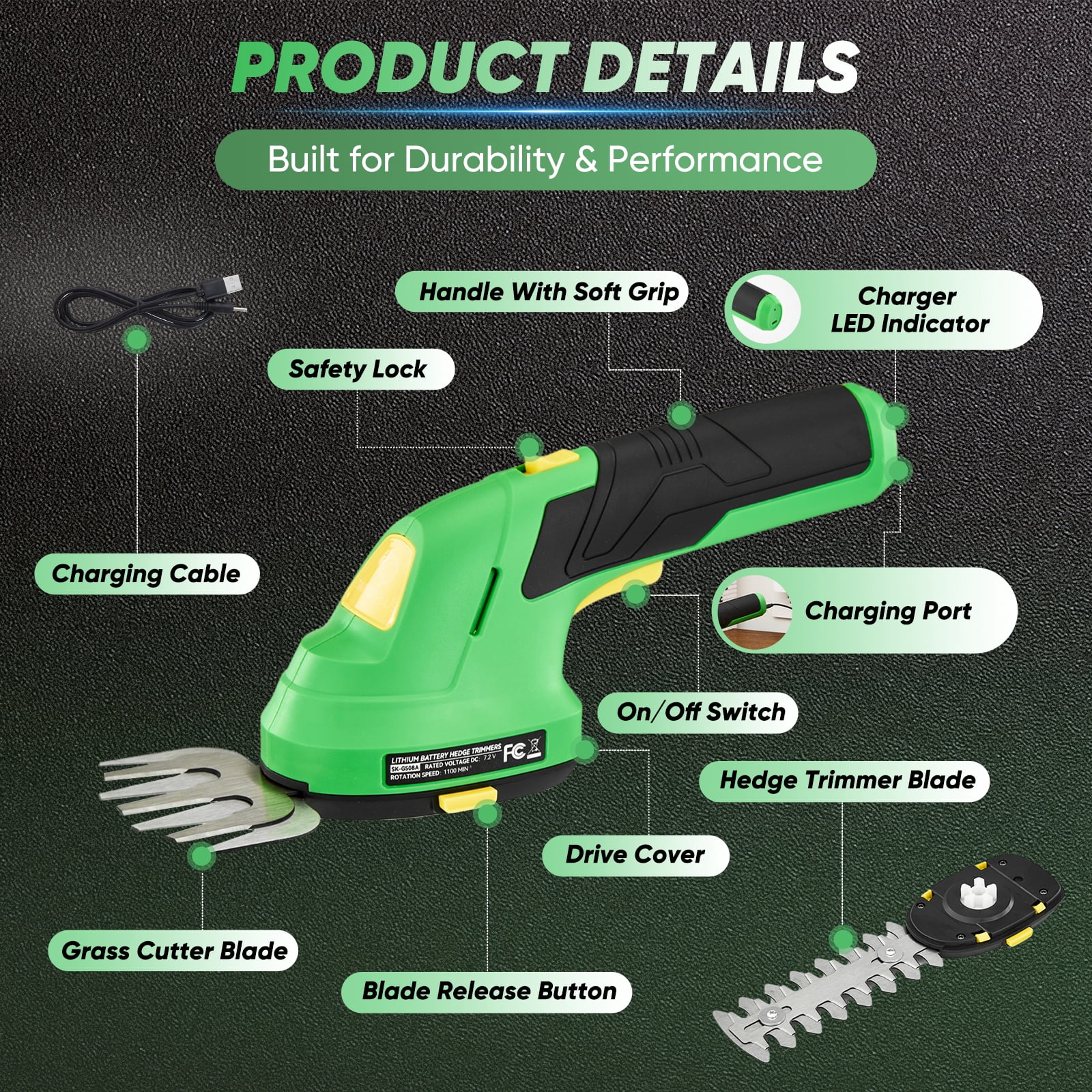 Saker 7.2V Cordless Hedge Trimmer with Battery and Charger, 2-in-1 Electric Grass Shear for Garden, Yard and Lawn
